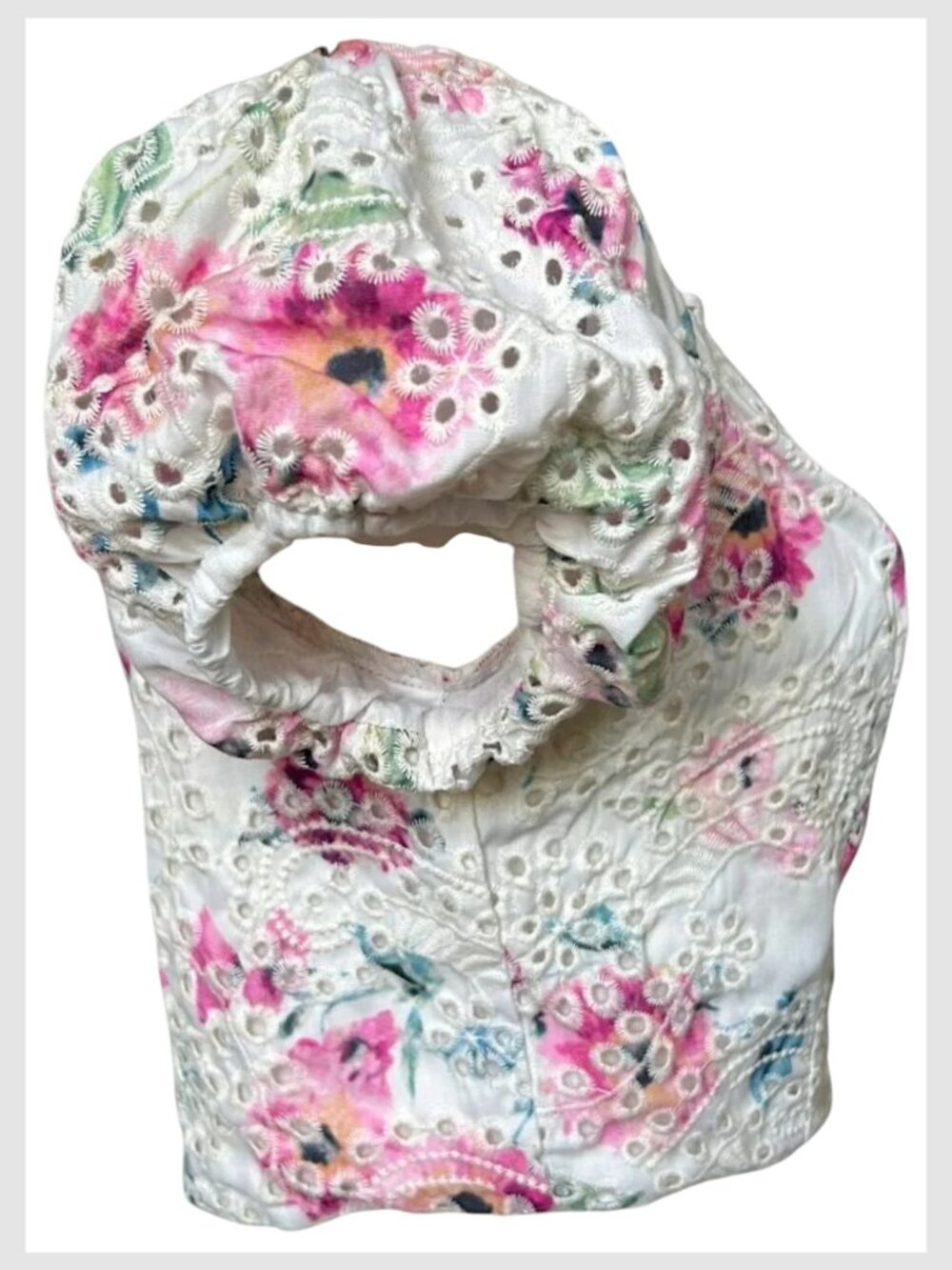 Aqua Crop Top White Pink Floral Eyelet Puff Sleeve S - Picture 6 of 9